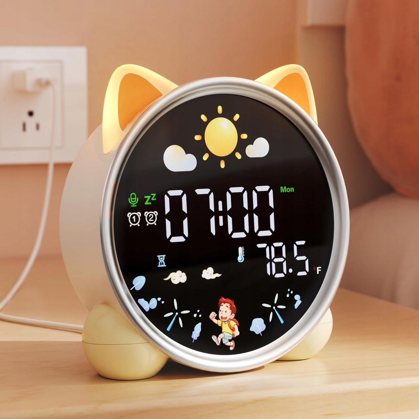 Kinder Wecker Katze – LED Nachtlicht, Alarm, Snooze, Schlaftrainer mit Musik & Farbwechsel