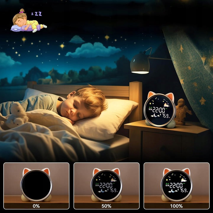 Kinder Wecker Katze – LED Nachtlicht, Alarm, Snooze, Schlaftrainer mit Musik & Farbwechsel