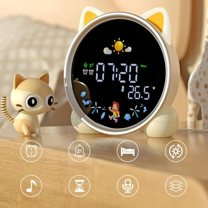 Kinder Wecker Katze – LED Nachtlicht, Alarm, Snooze, Schlaftrainer mit Musik & Farbwechsel