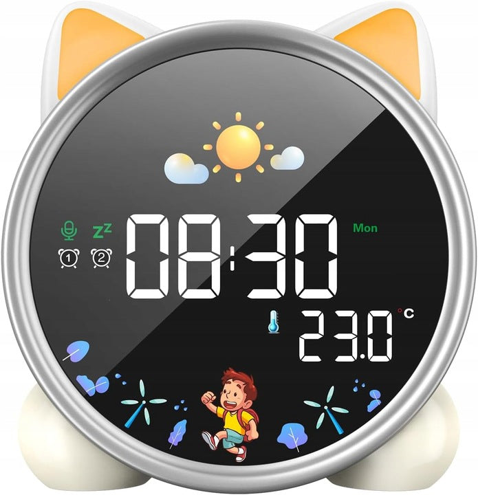 Kinder Wecker Katze – LED Nachtlicht, Alarm, Snooze, Schlaftrainer mit Musik & Farbwechsel