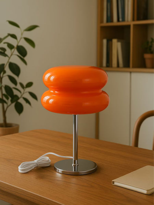 Retro LED Tischlampe aus Glas – Orange & Silber – Ø 20 cm