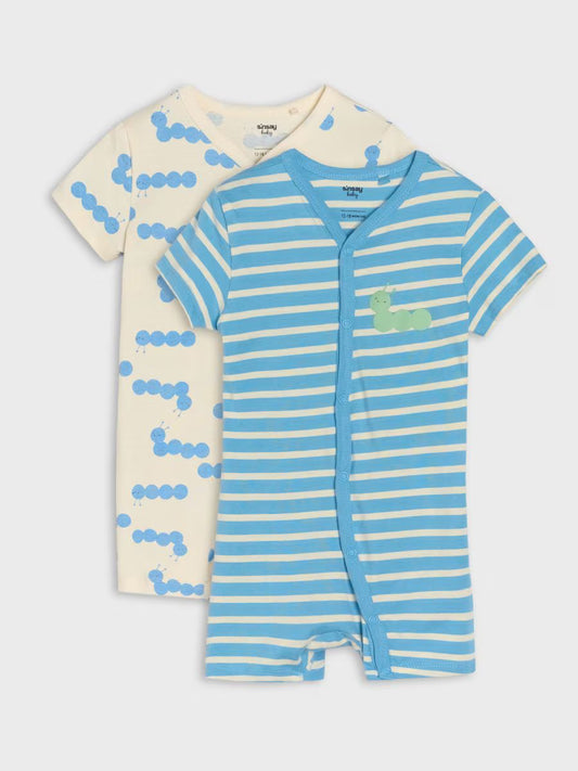 2er-Pack Baby-Strampler aus Baumwolle – Beige & Weiß, Druckknöpfe, Kurzarm