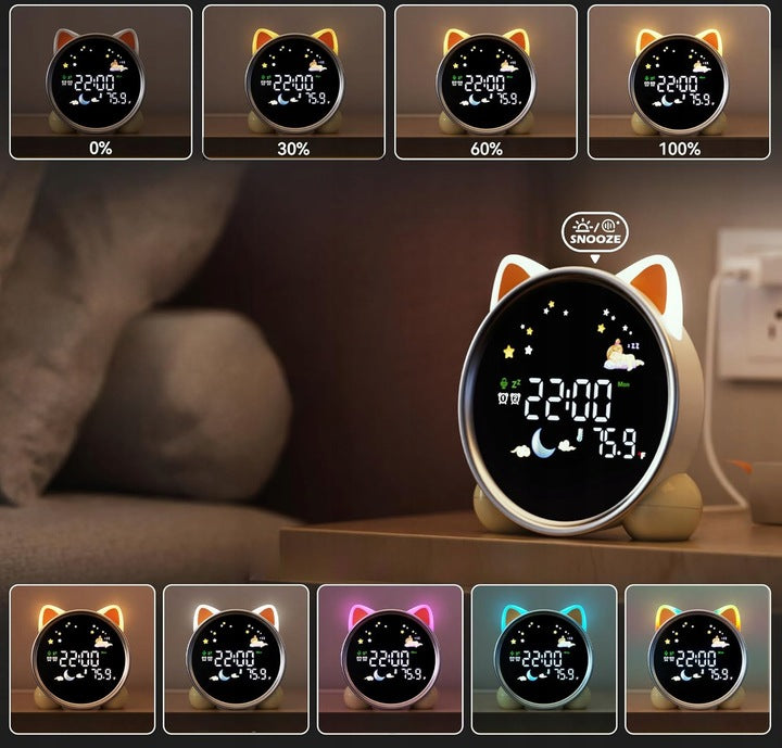 Kinder Wecker Katze – LED Nachtlicht, Alarm, Snooze, Schlaftrainer mit Musik & Farbwechsel