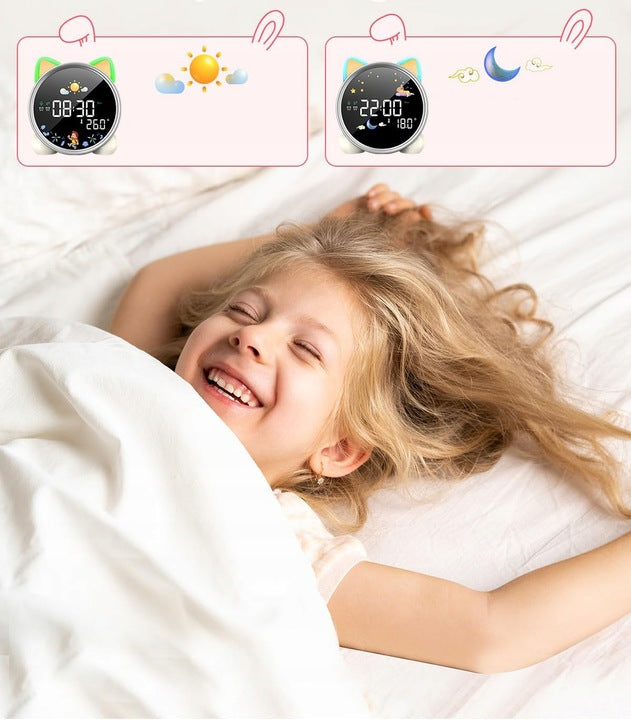 Kinder Wecker Katze – LED Nachtlicht, Alarm, Snooze, Schlaftrainer mit Musik & Farbwechsel