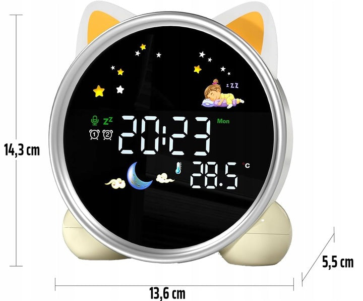 Kinder Wecker Katze – LED Nachtlicht, Alarm, Snooze, Schlaftrainer mit Musik & Farbwechsel