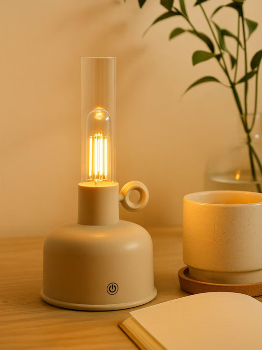 Retro LED Tischlampe mit Helligkeitseinstellung – Rund, Beige, 11 cm Ø x 22 cm