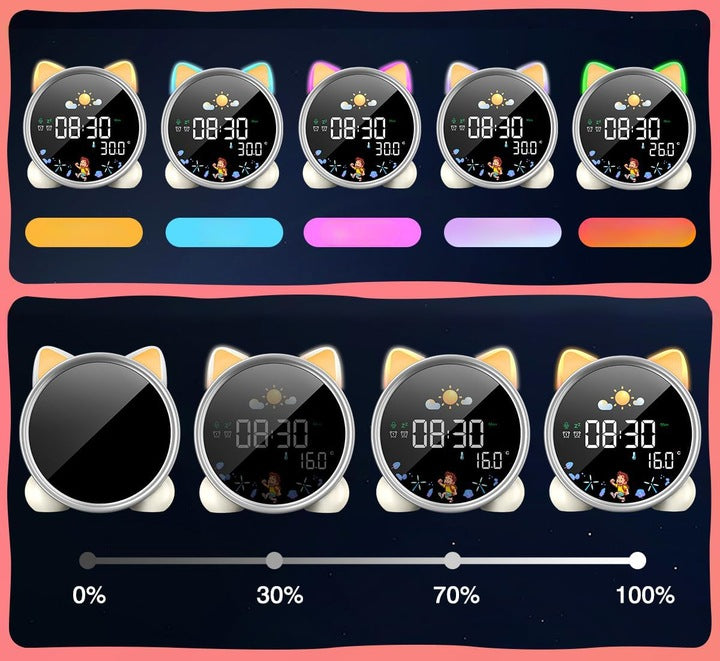 Kinder Wecker Katze – LED Nachtlicht, Alarm, Snooze, Schlaftrainer mit Musik & Farbwechsel