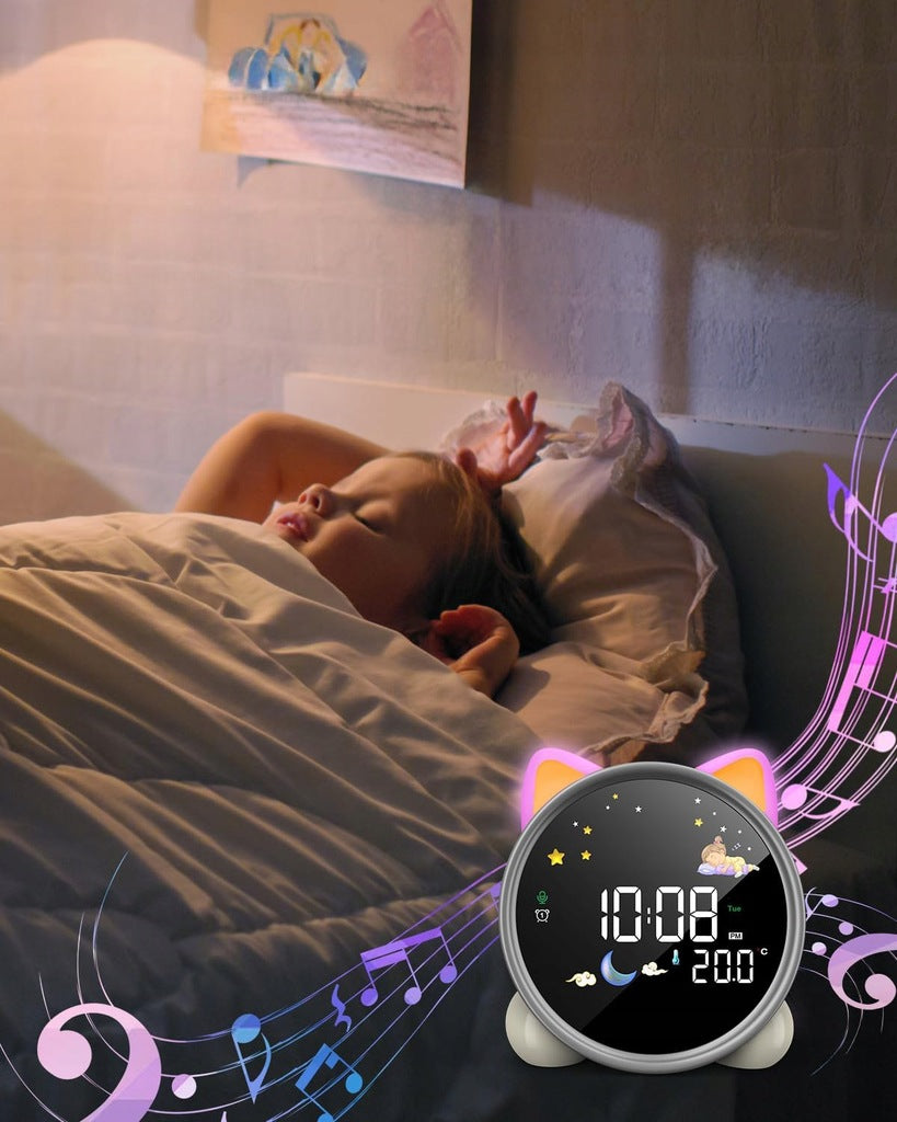 Kinder Wecker Katze – LED Nachtlicht, Alarm, Snooze, Schlaftrainer mit Musik & Farbwechsel