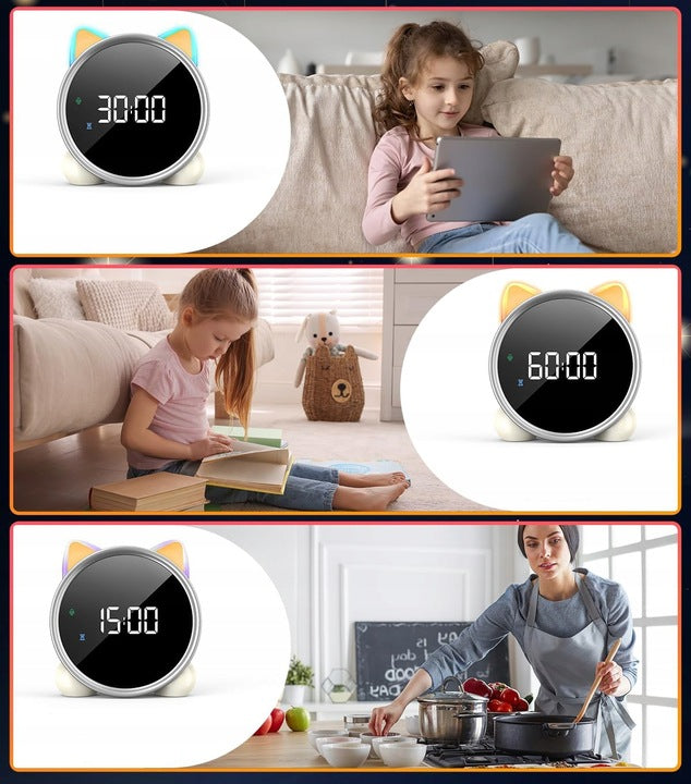Kinder Wecker Katze – LED Nachtlicht, Alarm, Snooze, Schlaftrainer mit Musik & Farbwechsel