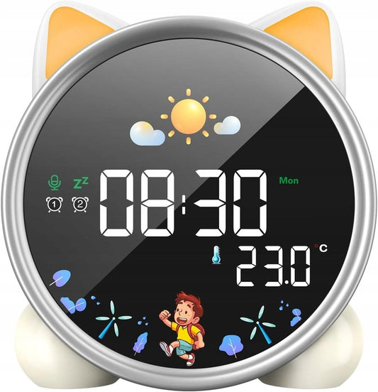 Kinder Wecker Katze – LED Nachtlicht, Alarm, Snooze, Schlaftrainer mit Musik & Farbwechsel