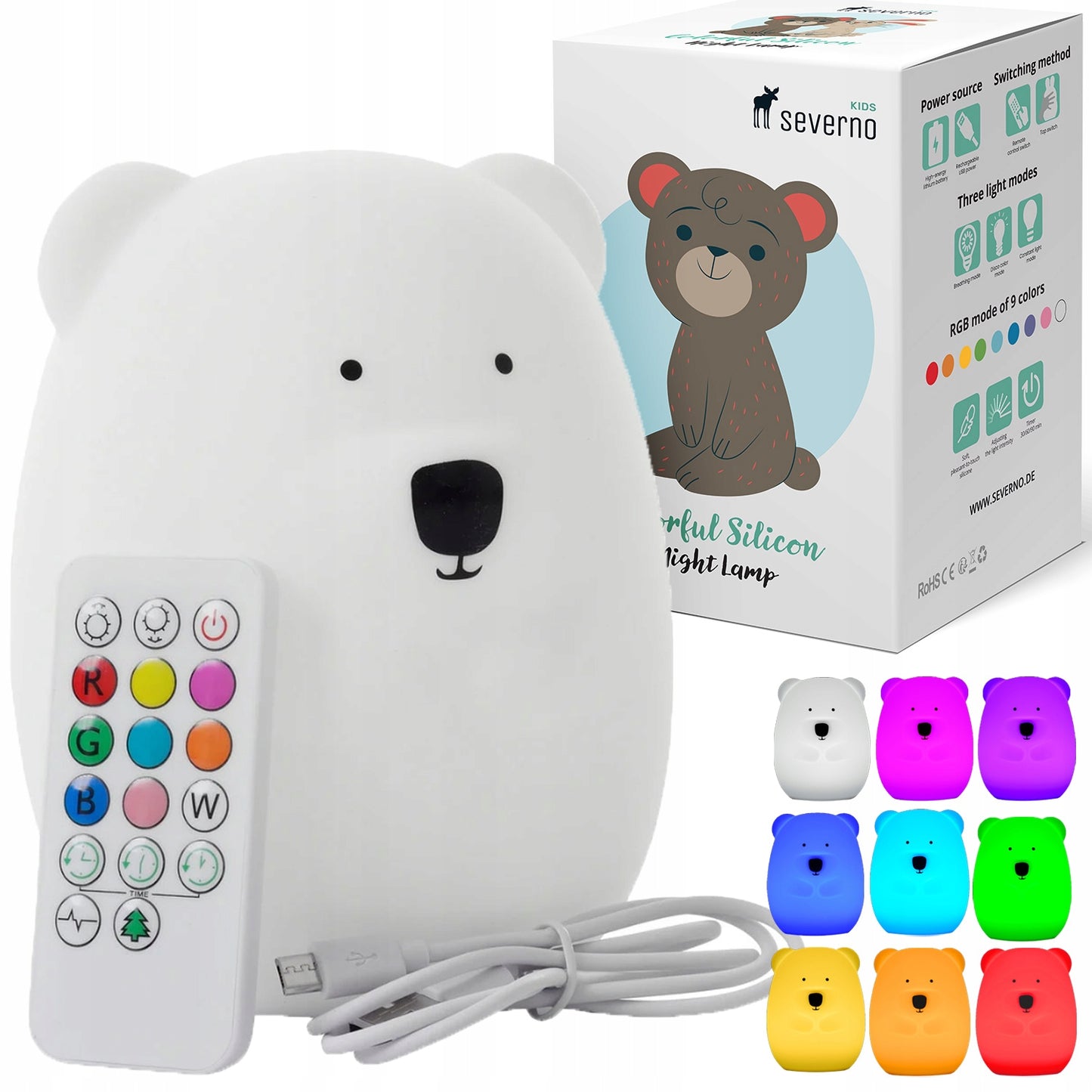 Severno Kids Silikon Nachtlampe RGB LED XXL für Kinder – USB & Fernbedienung, 9 Farben, 9 Helligkeitsstufen